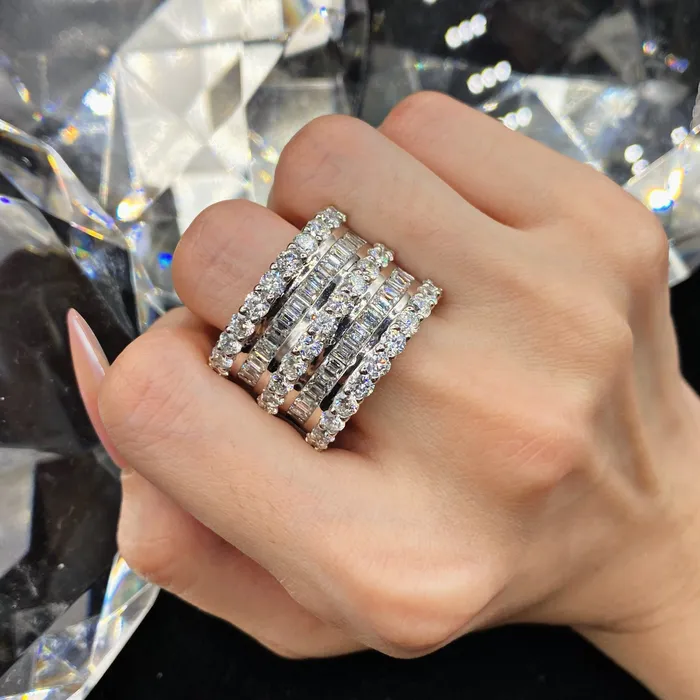 Diamond Source NYC Rings Natural Round Brilliant Baguette 5 Row Cocktail Diamond Ring Set in 14K White Gold 865ct tw