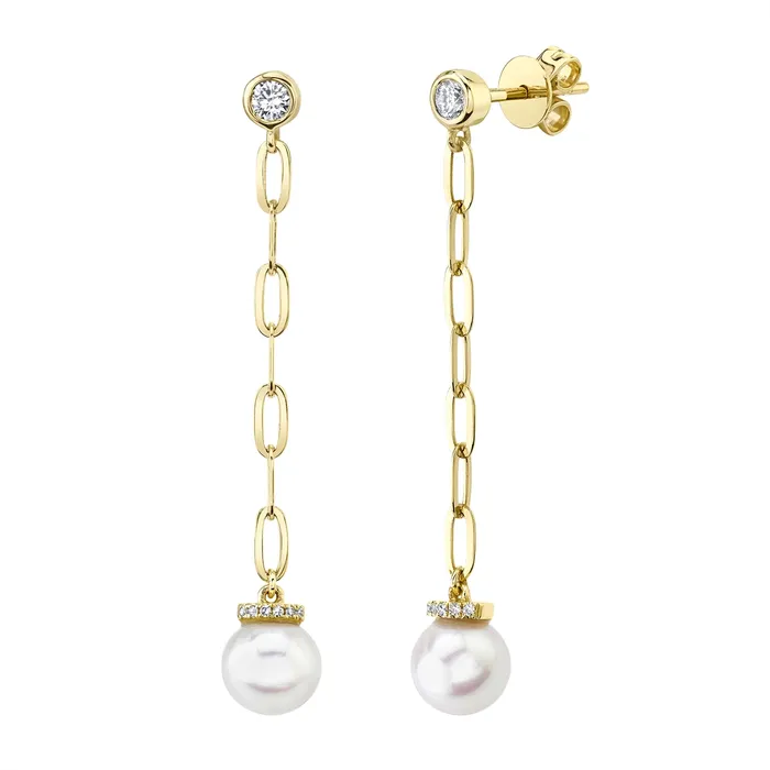 Earrings Meierotto Jewelers 14K Yellow Gold Bezel Diamond and Cultured Pearl Paperclip Dangle Earrings