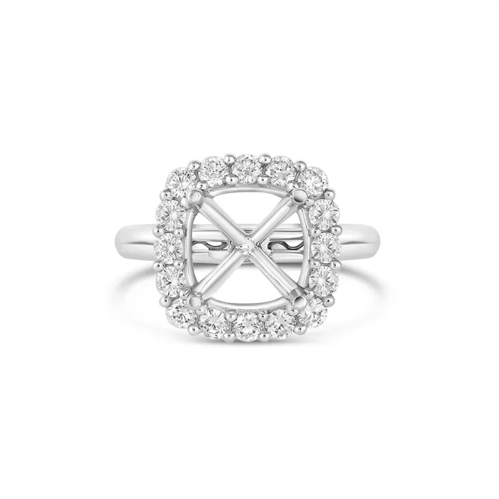 Engagement Collections PreStyled Sets 18K White Gold Semi Mount Cushion Halo Prong Set Plain Shank Engagement Collections PreStyled Sets 18K White Gold Semi Mount Cushion Halo Prong Set Plain Shank