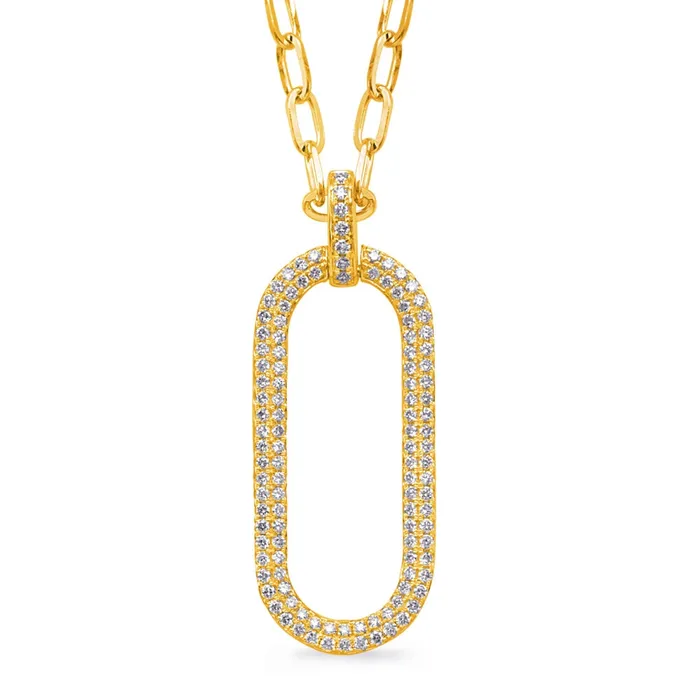 Meierotto Jewelers 14K Yellow Gold Open Oval Diamond Pendant on Paperclip Chain Necklace Necklaces