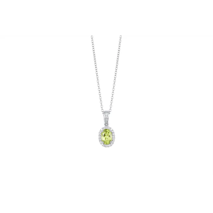 Meierotto Jewelers Necklaces 14K White Gold Oval Peridot Pendant Necklace with Diamond Halo Meierotto Jewelers Necklaces 14K White Gold Oval Peridot Pendant Necklace with Diamond Halo