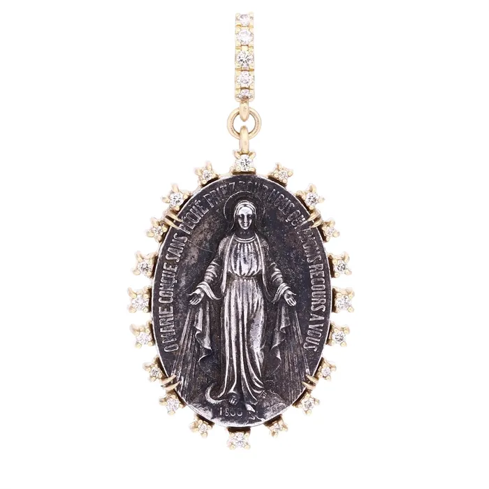 Necklaces Cynthia Ann Cynthia Ann 14K Yellow Gold Antique Sterling Miraculous Mary Medal Diamond Pendant Necklaces Cynthia Ann Cynthia Ann 14K Yellow Gold Antique Sterling Miraculous Mary Medal Diamond Pendant