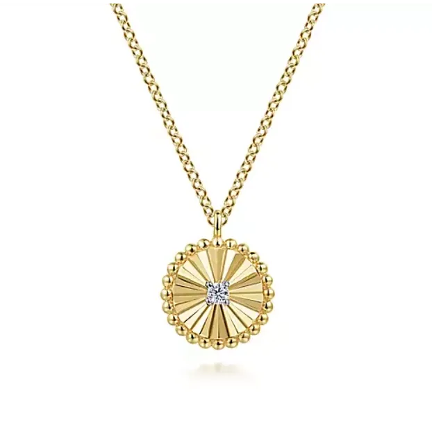 Necklaces Gabriel Co 14K Yellow Gold Round Ray Design Pendant with Diamond Center Necklace Necklaces Gabriel Co 14K Yellow Gold Round Ray Design Pendant with Diamond Center Necklace