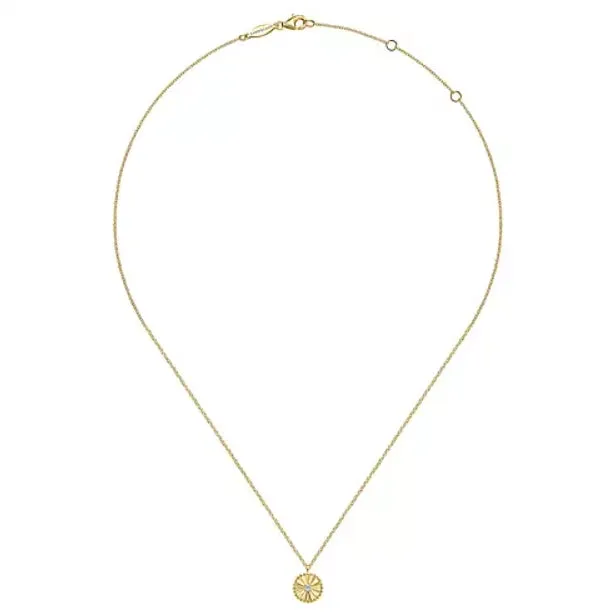 Necklaces Gabriel Co 14K Yellow Gold Round Ray Design Pendant with Diamond Center Necklace Necklaces Gabriel Co 14K Yellow Gold Round Ray Design Pendant with Diamond Center Necklace