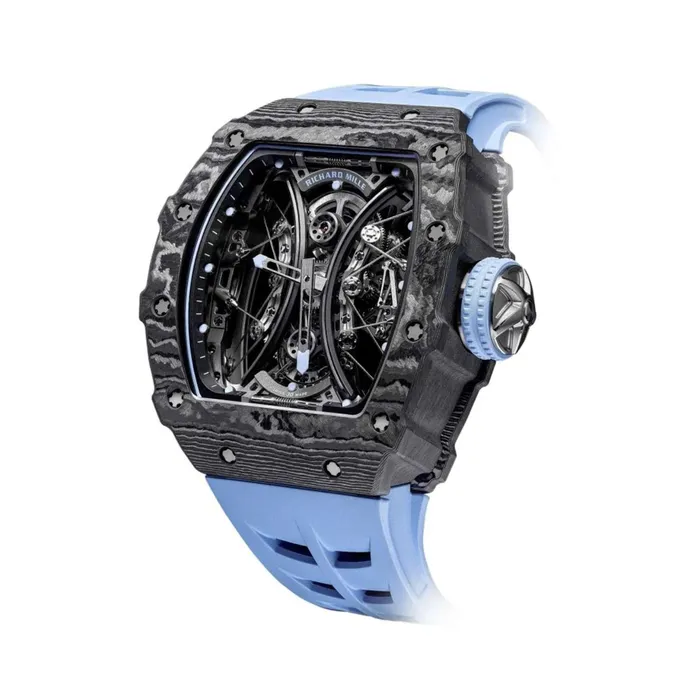 Richard Mille Watches Richard Mille Pablo Mac Donough RM 5301 499mm Manual Winding Tourbillon Watch Skeleton Dial in Black Carbon Case Blue Rubber Strap Richard Mille Watches Richard Mille Pablo Mac Donough RM 5301 499mm Manual Winding Tourbillon Watch Skeleton Dial in Black Carbon Case Blue Rubber Strap