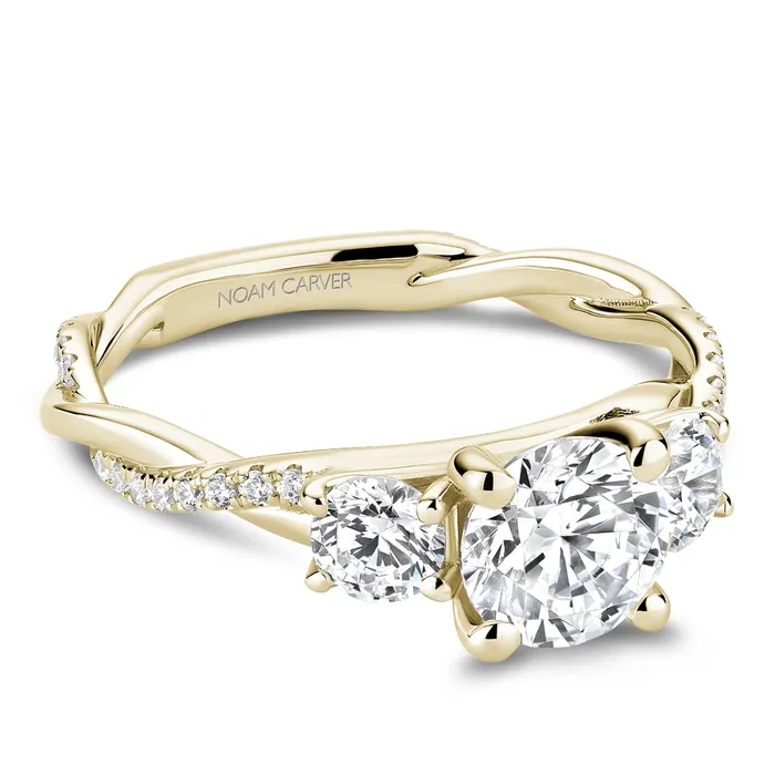 Rings 14K Yellow Gold Three Stone Ring with Round Diamond Sides and Diamond Twisted Shank Noam Carver Rings 14K Yellow Gold Three Stone Ring with Round Diamond Sides and Diamond Twisted Shank Noam Carver