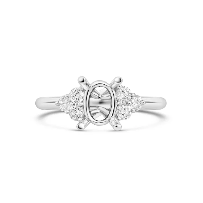 Rings 18K White Gold Semi Mount Diamond Ring for Oval Center with Tri Diamond Sides Engagement Collections Rings 18K White Gold Semi Mount Diamond Ring for Oval Center with Tri Diamond Sides Engagement Collections