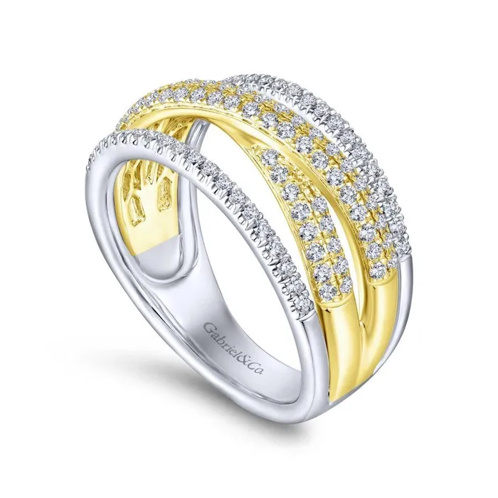 Rings Gabriel Co Gabriel Co 14K Yellow and White Gold Criss Crossing Multi Row Diamond Ring Rings Gabriel Co Gabriel Co 14K Yellow and White Gold Criss Crossing Multi Row Diamond Ring