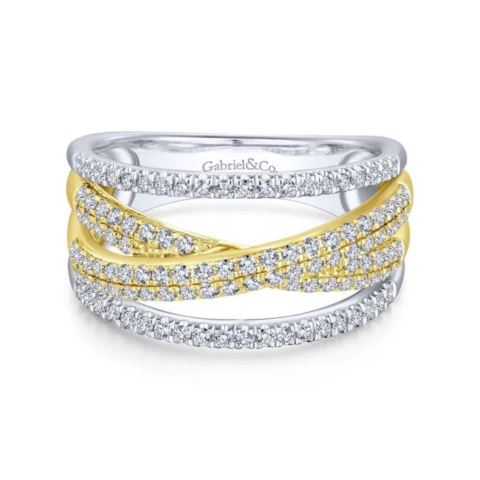 Rings Gabriel Co Gabriel Co 14K Yellow and White Gold Criss Crossing Multi Row Diamond Ring Rings Gabriel Co Gabriel Co 14K Yellow and White Gold Criss Crossing Multi Row Diamond Ring