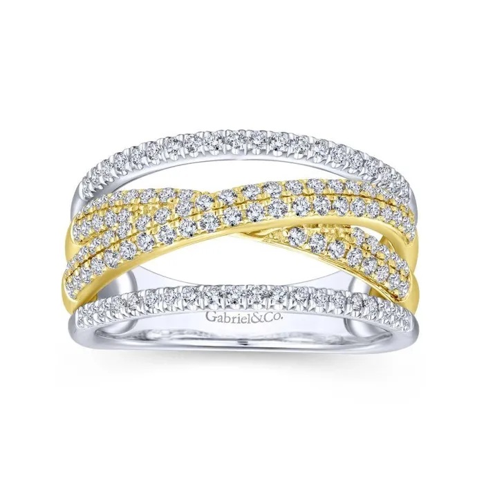Rings Gabriel Co Gabriel Co 14K Yellow and White Gold Criss Crossing Multi Row Diamond Ring Rings Gabriel Co Gabriel Co 14K Yellow and White Gold Criss Crossing Multi Row Diamond Ring