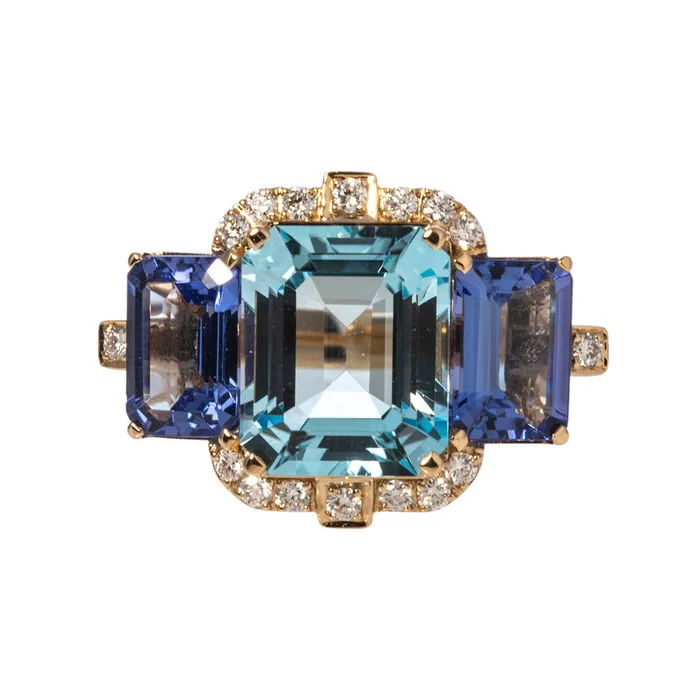 Rings Goshwara 3 Stone Blue Topaz Tanzanite 18K Gold Ring Goshwara