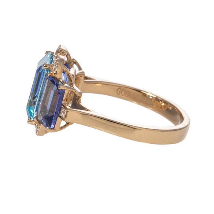 Rings Goshwara 3 Stone Blue Topaz Tanzanite 18K Gold Ring Goshwara