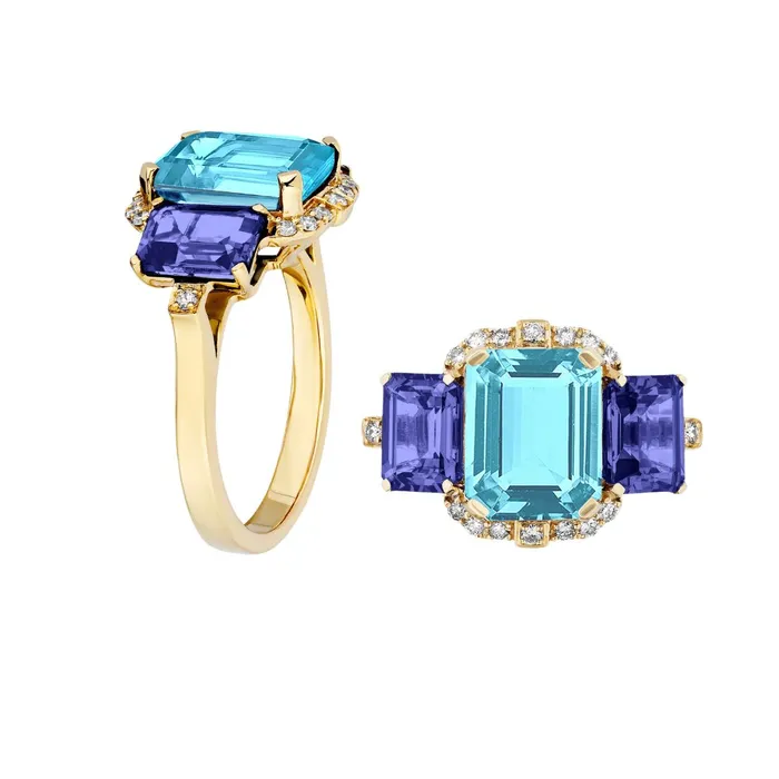 Rings Goshwara 3 Stone Blue Topaz Tanzanite 18K Gold Ring Goshwara