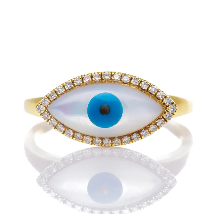 Rings Meierotto Jewelers Evil Eye Ring in 18K Yellow Gold and Mother of Pearl Rings Meierotto Jewelers Evil Eye Ring in 18K Yellow Gold and Mother of Pearl