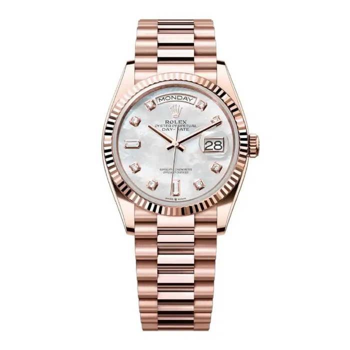 Rolex Bracelets Rolex Day Date 36mm Ref 1282350029 White Mother of Pearl Diamond Dial Fluted Bezel 18K Rose Gold President Bracelet Watch Rolex Bracelets Rolex Day Date 36mm Ref 1282350029 White Mother of Pearl Diamond Dial Fluted Bezel 18K Rose Gold President Bracelet Watch