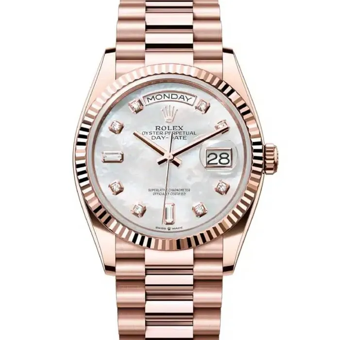 Rolex Bracelets Rolex Day Date 36mm Ref 1282350029 White Mother of Pearl Diamond Dial Fluted Bezel 18K Rose Gold President Bracelet Watch