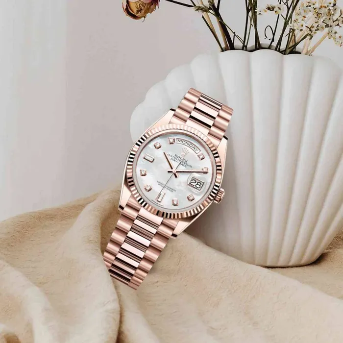 Rolex Bracelets Rolex Day Date 36mm Ref 1282350029 White Mother of Pearl Diamond Dial Fluted Bezel 18K Rose Gold President Bracelet Watch