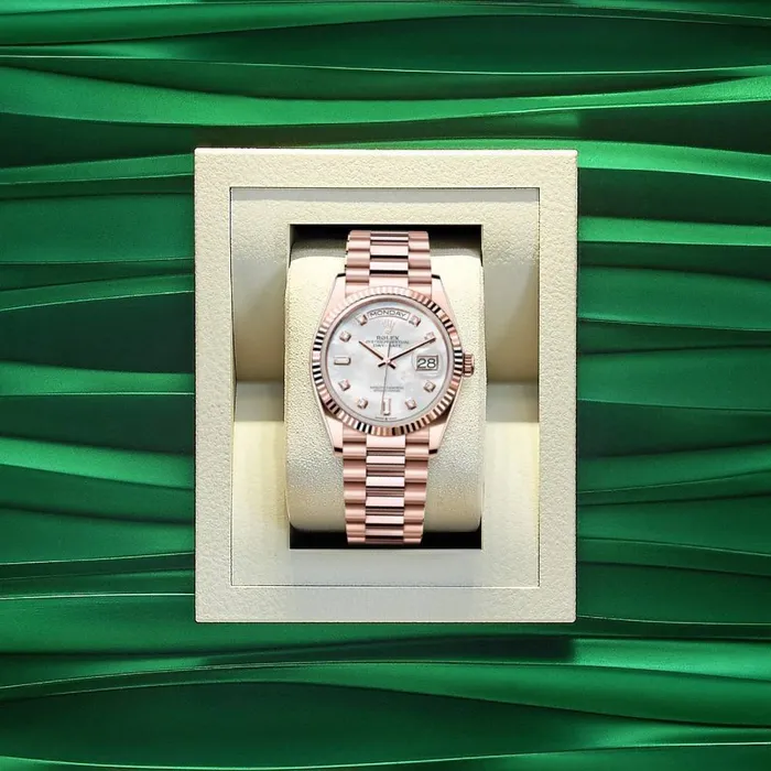 Rolex Bracelets Rolex Day Date 36mm Ref 1282350029 White Mother of Pearl Diamond Dial Fluted Bezel 18K Rose Gold President Bracelet Watch