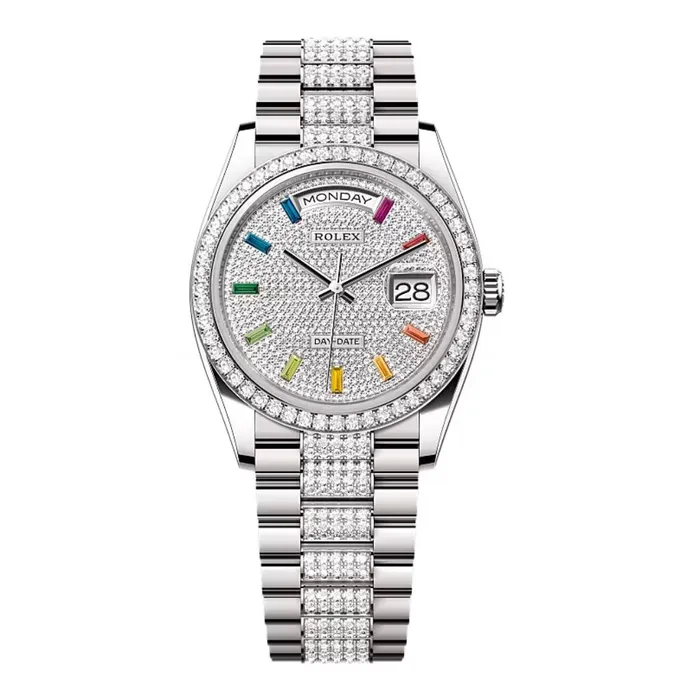 Rolex Bracelets Rolex Day Date 36mm Ref 128349rbr0012 Pave Rainbow Diamond Dial Diamond Bezel 18K White Gold Diamonds President Bracelet Watch Rolex Bracelets Rolex Day Date 36mm Ref 128349rbr0012 Pave Rainbow Diamond Dial Diamond Bezel 18K White Gold Diamonds President Bracelet Watch