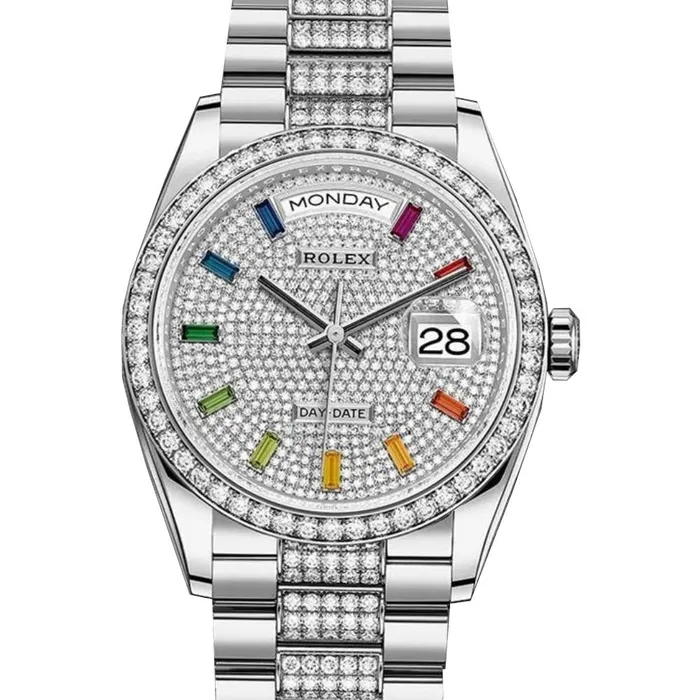 Rolex Bracelets Rolex Day Date 36mm Ref 128349rbr0012 Pave Rainbow Diamond Dial Diamond Bezel 18K White Gold Diamonds President Bracelet Watch