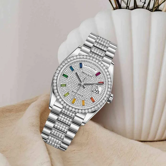 Rolex Bracelets Rolex Day Date 36mm Ref 128349rbr0012 Pave Rainbow Diamond Dial Diamond Bezel 18K White Gold Diamonds President Bracelet Watch