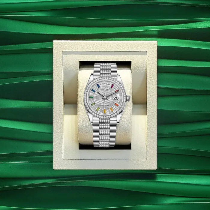 Rolex Bracelets Rolex Day Date 36mm Ref 128349rbr0012 Pave Rainbow Diamond Dial Diamond Bezel 18K White Gold Diamonds President Bracelet Watch