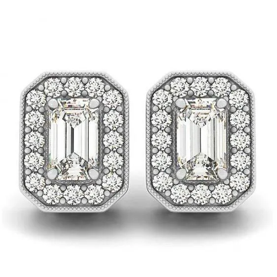 2 Carats Emerald Round Natural Earth Mined Diamonds White Gold 14K Studs Earrings Halo GB Earrings