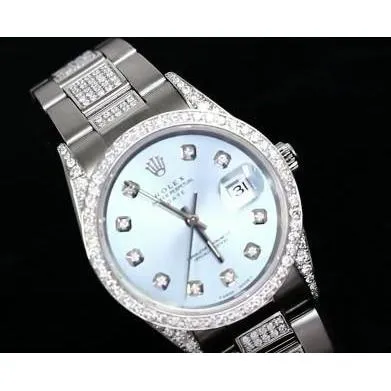 Date Rolex 34 Mm Watch Iced Out Custom Diamonds Blue Dial Bezel Ss GB Watches Date Rolex 34 Mm Watch Iced Out Custom Diamonds Blue Dial Bezel Ss GB Watches