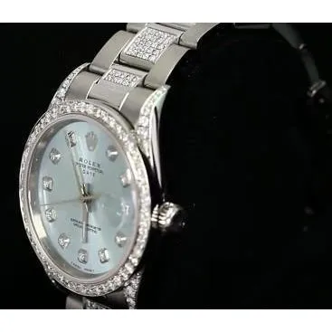Date Rolex 34 Mm Watch Iced Out Custom Diamonds Blue Dial Bezel Ss GB Watches