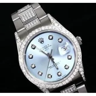 Date Rolex 34 Mm Watch Iced Out Custom Diamonds Blue Dial Bezel Ss GB Watches