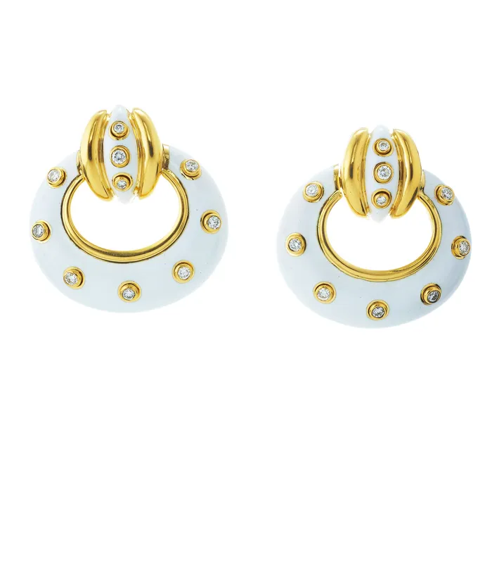 David Webb Workshop Stud Doorknocker Earrings White Enamel Earrings
