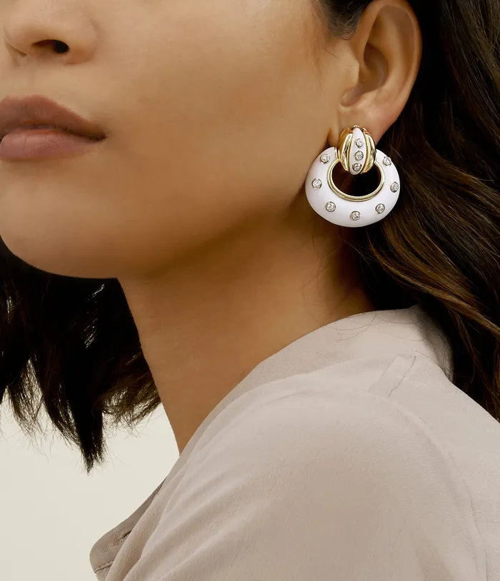 David Webb Workshop Stud Doorknocker Earrings White Enamel Earrings