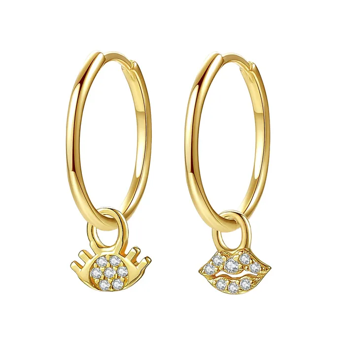 Eyes and Lips Charm Hoop Earrings Sterling Silver Gold Hey Happiness Earrings