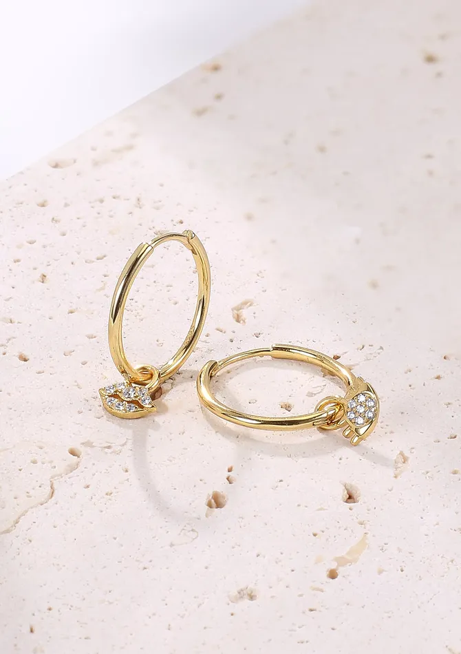 Eyes and Lips Charm Hoop Earrings Sterling Silver Gold Hey Happiness Earrings Eyes and Lips Charm Hoop Earrings Sterling Silver Gold Hey Happiness Earrings
