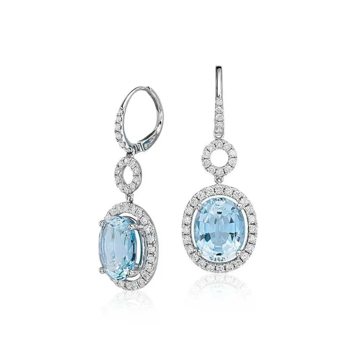 GB Earrings 8 Ct Lady Dangle Earrings Blue Aquamarine With Natural Earth Mined Diamonds Gold 14K GB Earrings 8 Ct Lady Dangle Earrings Blue Aquamarine With Natural Earth Mined Diamonds Gold 14K