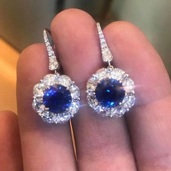 GB Earrings Round Cut 250 Ct Sri Lankan Sapphire And Natural Earth Mined Diamond Dangle Earring GB Earrings Round Cut 250 Ct Sri Lankan Sapphire And Natural Earth Mined Diamond Dangle Earring