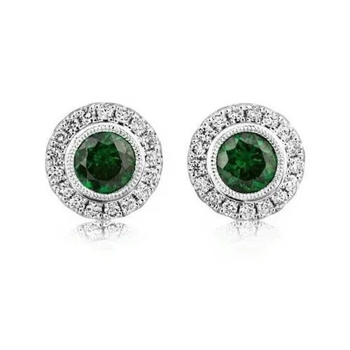 GB Earrings Round Cut 4 Ct Green Emerald With Natural Earth Mined Diamond Halo Studs Earrings Gold GB Earrings Round Cut 4 Ct Green Emerald With Natural Earth Mined Diamond Halo Studs Earrings Gold