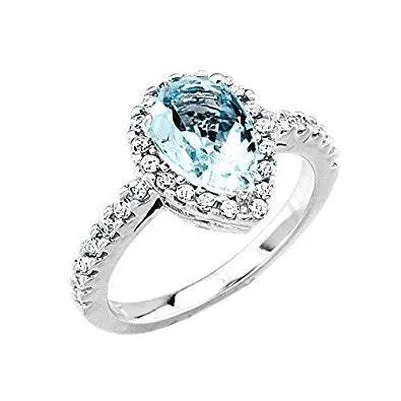 GB Rings Pear Shape Aquamarine And Natural Earth Mined Diamonds 14 Ct Wedding Ring White Gold 14K GB Rings Pear Shape Aquamarine And Natural Earth Mined Diamonds 14 Ct Wedding Ring White Gold 14K