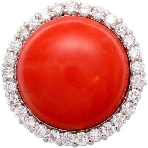 GB Rings White Gold 14K 15 Carats Red Coral And Natural Earth Mined Diamonds Engagement Ring GB Rings White Gold 14K 15 Carats Red Coral And Natural Earth Mined Diamonds Engagement Ring