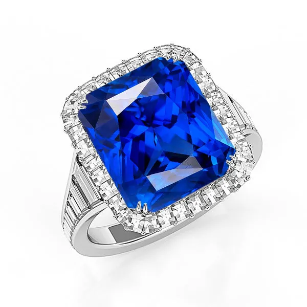 Halo Ceylon Sapphire Radiant Shaped Ring 5 Carats Baguette Natural Earth Mined Diamonds HarryChadEntcom Rings Halo Ceylon Sapphire Radiant Shaped Ring 5 Carats Baguette Natural Earth Mined Diamonds HarryChadEntcom Rings