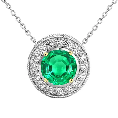 HarryChadEntcom Necklaces Round Halo Green Emerald Pendant With Chain Milgrain Jewelry HarryChadEntcom Necklaces Round Halo Green Emerald Pendant With Chain Milgrain Jewelry