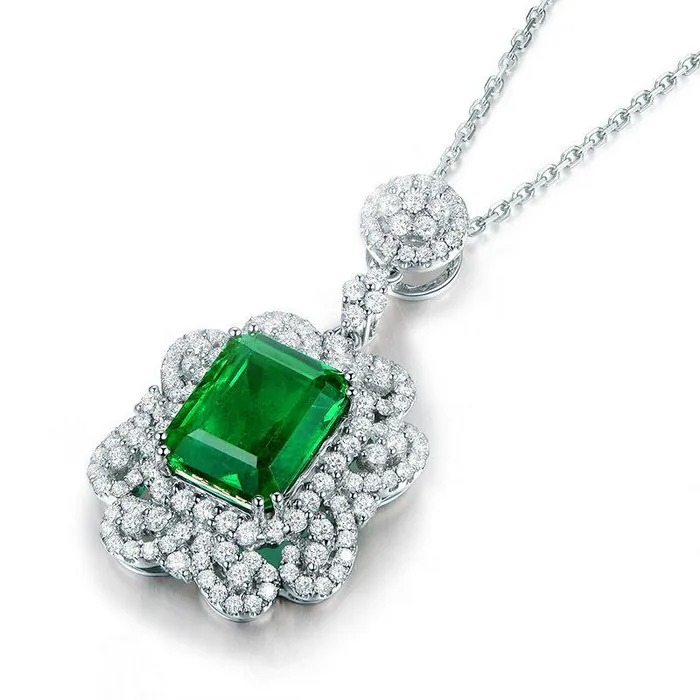Necklaces GB 385 Carats Green Emerald And Natural Earth Mined Diamonds Pendant Necklace 14K White Gold Necklaces GB 385 Carats Green Emerald And Natural Earth Mined Diamonds Pendant Necklace 14K White Gold