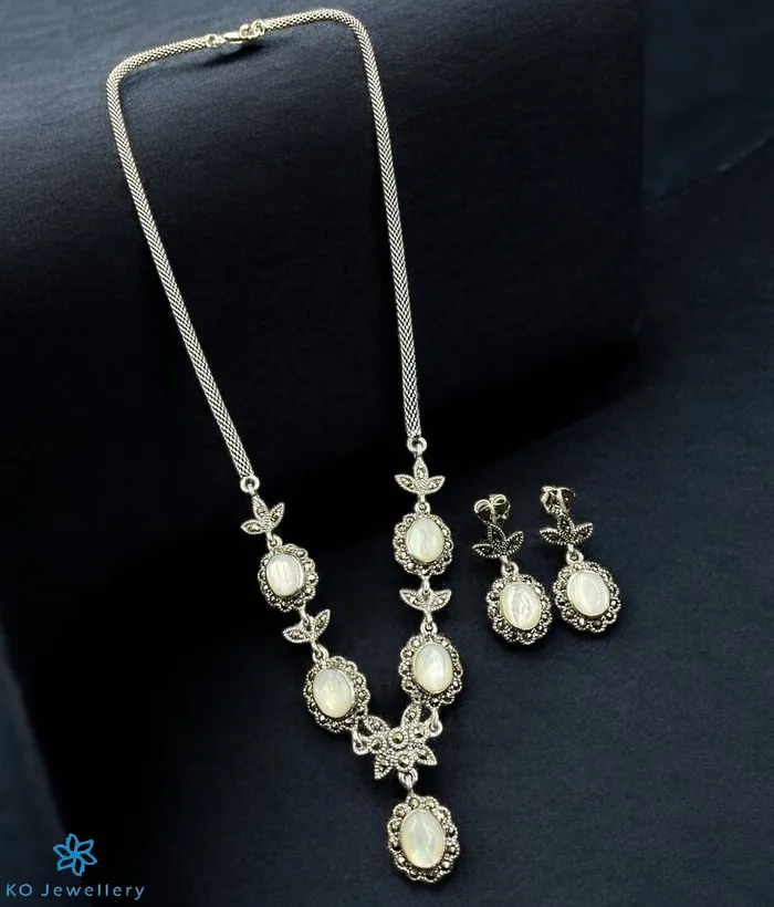 Necklaces Marcasite The Exquisite Elegance Silver Marcasite Necklace Earrings Mother of Pearl