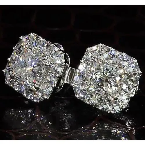 Princess Cut Natural Earth Mined Diamond Halo Style Stud Earring 4 Carats White Gold 14K GB Earrings Princess Cut Natural Earth Mined Diamond Halo Style Stud Earring 4 Carats White Gold 14K GB Earrings