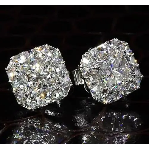 Princess Cut Natural Earth Mined Diamond Halo Style Stud Earring 4 Carats White Gold 14K GB Earrings Princess Cut Natural Earth Mined Diamond Halo Style Stud Earring 4 Carats White Gold 14K GB Earrings