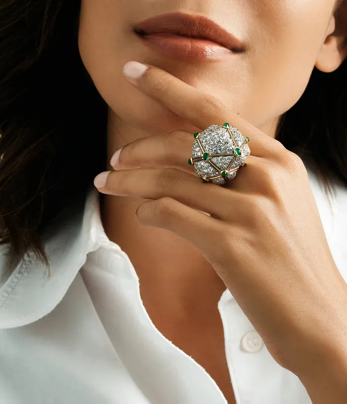 Rings David Webb Workshop Geodesic Dome Ring Emeralds Diamonds