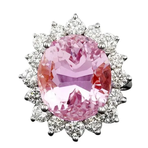 Rings GB 27 Ct Pink Oval Cut Kunzite And Natural Earth Mined Diamond Ring Solid White Gold 14K Rings GB 27 Ct Pink Oval Cut Kunzite And Natural Earth Mined Diamond Ring Solid White Gold 14K