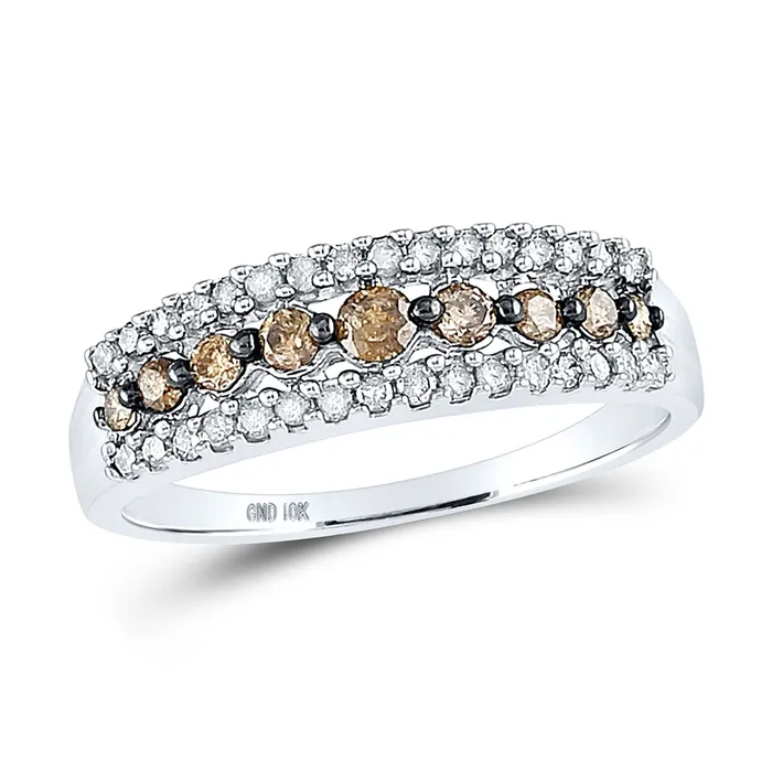 Rings GND GND 10kt White Gold Womens Round Brown Diamond Triple Row Band Ring 12 Cttw Rings GND GND 10kt White Gold Womens Round Brown Diamond Triple Row Band Ring 12 Cttw