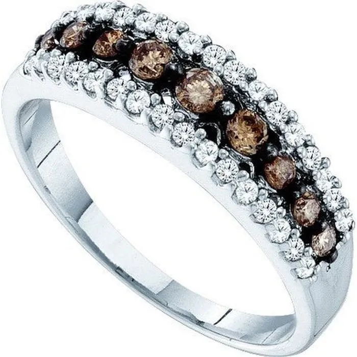 Rings GND GND 10kt White Gold Womens Round Brown Diamond Triple Row Band Ring 12 Cttw Rings GND GND 10kt White Gold Womens Round Brown Diamond Triple Row Band Ring 12 Cttw