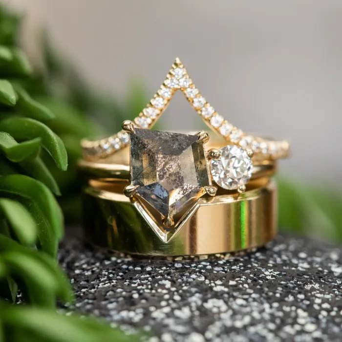 119ct Salt Pepper shield rosecut Diamond and Antique Old Mine Cut Diamond Ring in 14k Yellow Gold Anueva Jewelry Rings